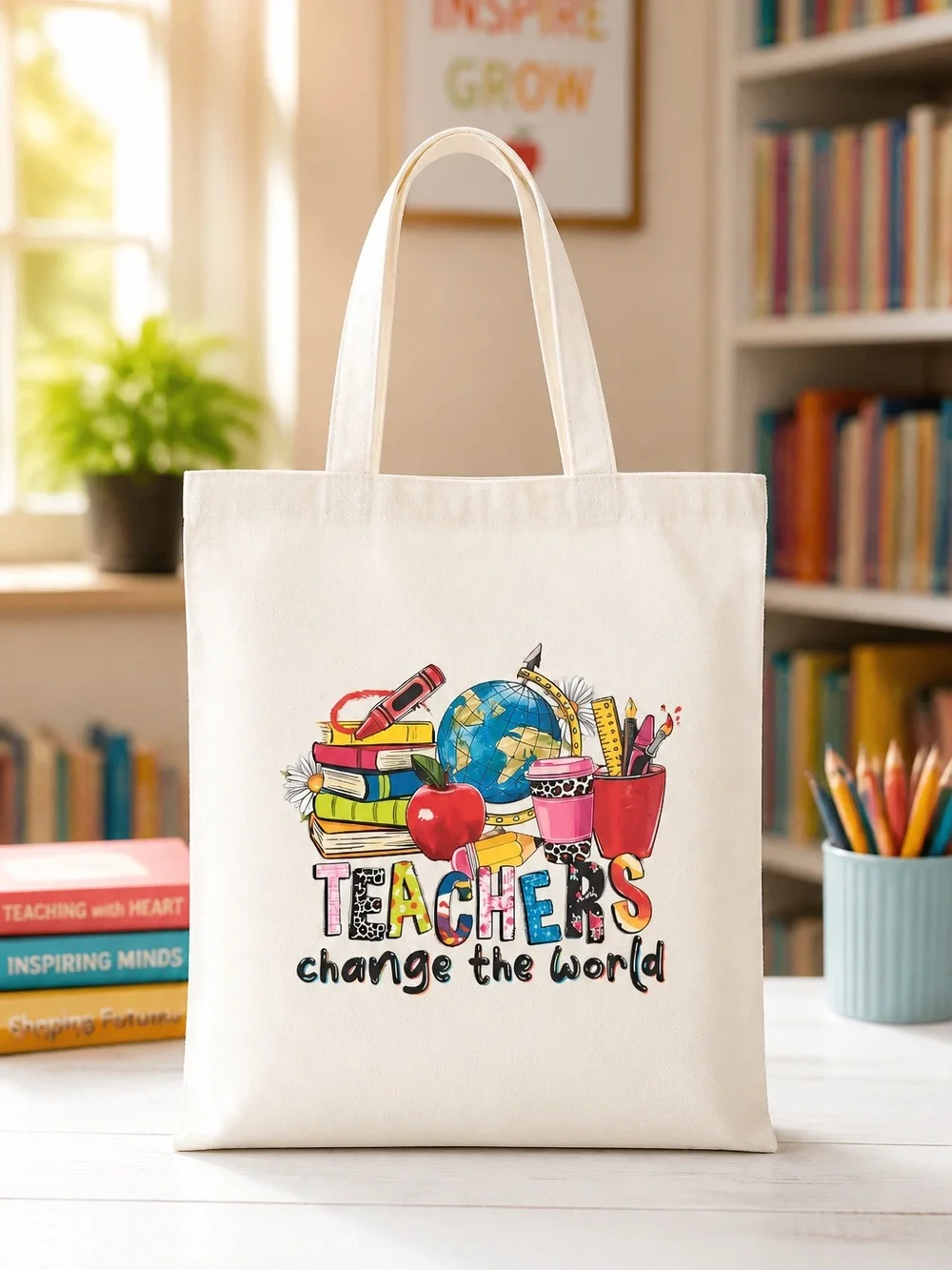 Teachers Change the World Canvas Tote - Cream with Colorful Print